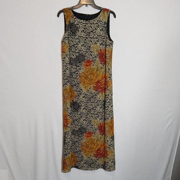 VIRGO Orange/Black Lined Chiffon Sleeveless Straight Maxi Sheath Dress; Size 8 - Picture 1 of 6